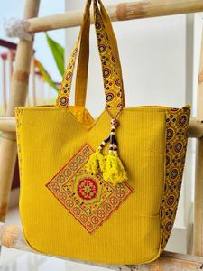 Yellow Bohemian Embroidered Canvas Tote <b>Bag</b> With Tassel Decor Large Capacity Handmade <b>Storage</b> <b>Bag</b> - Product Image 1