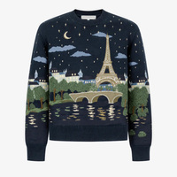 Pull en tricot personnalisé pour homme, col rond bleu marine, broderie scénique Nuit de Paris, jacquard intarsia, pull graphique en tricot pour homme, vente en gros