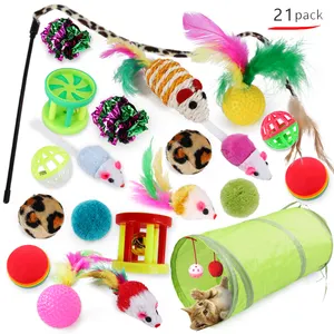 Hot Sell 21 Pack Pet Kat Teaser Speelgoed Set Interactieve Tennis Kauwbal Kleurrijke Veren Kat Speelgoed Om Te Spelen