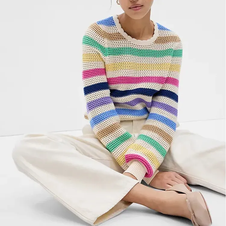 YUNXUN Designer Fashion Sweater 100% Baumwolle Strick Mehrfarben Streifen Häkel pullover Langarm Pullover mit Rundhals ausschnitt für Frauen
