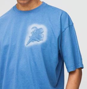 Conjunto de camiseta y pantalón corto azul oversize con apliques, lavado ácido, estilo boxy, a juego - Product Image 3