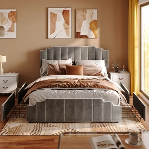 <span class=keywords><strong>Letto</strong></span> contenitore in velluto grigio trapuntato a canali verticali con cassetti <span class=keywords><strong>laterali</strong></span> e testiera ondulata, mobili <span class=keywords><strong>per</strong></span> camera da <span class=keywords><strong>letto</strong></span> King/Queen Size - Product Image 3