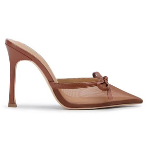 Chất Lượng Cao Thời Trang Nâu Lưới Bow Tie Mỏng <span class=keywords><strong>Hi</strong></span> Giày Gót Mules Cho Phụ Nữ - Product Image 1