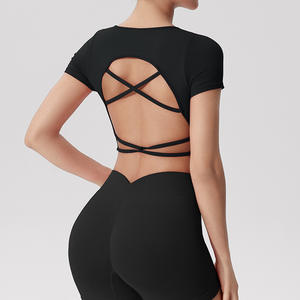 <span class=keywords><strong>T</strong></span>-shirt de yoga léger et doux comme du beurre, coupe ajustée, respirant, manches courtes, hauts courts sans dos pour femmes, hauts d'entraînement à fort impact - Product Image 4