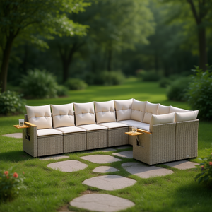 Conjunto de Sofás de Jardín Beige para Exteriores con Cojines de Espuma de Alta Densidad y Ratán Sintético Resistente a los Rayos UV, Diseño Contemporáneo - Product Image 2