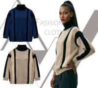 Maglione da Donna a Collo Alto con Motivo Geometrico a Righe Verticali e Blocchi di Colore, Vestibilità Ampia, Pullover Lavorato a Maglia con Strisce a Contrasto