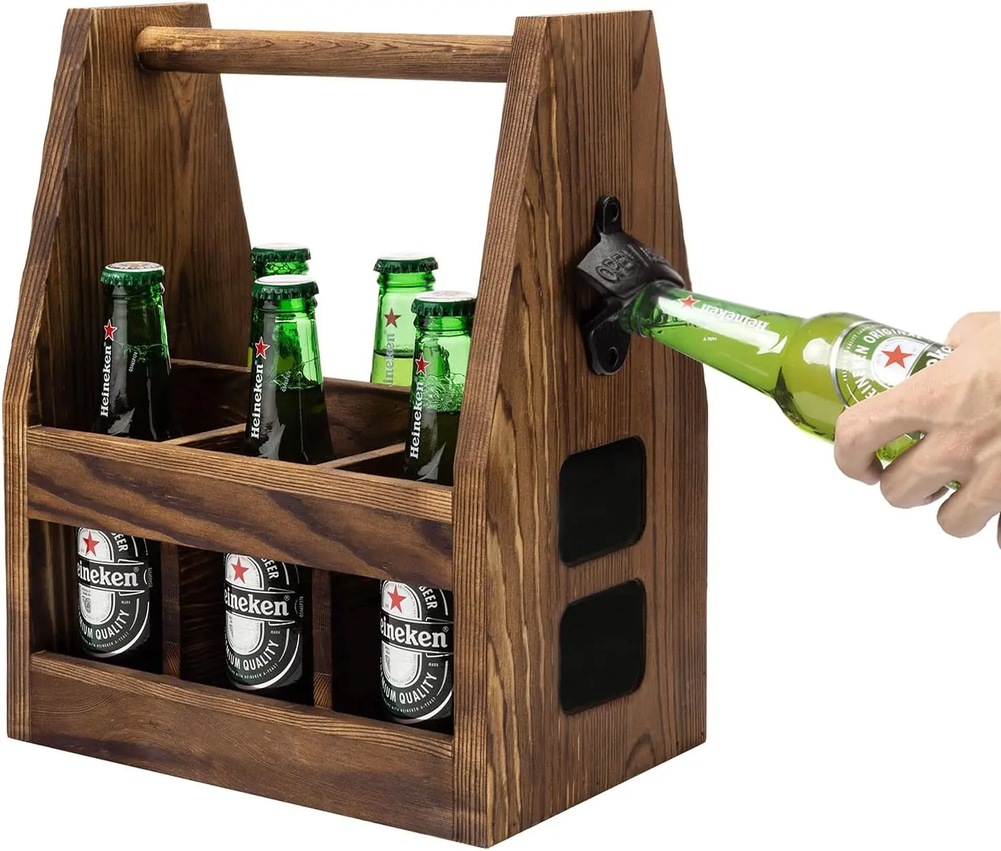 Rústico Queimado Marrom Escuro Madeira Beer Caddy Armazenamento Titular com Ferro Fundido Abridor de Garrafas e Magnetic cremalheira do vinho