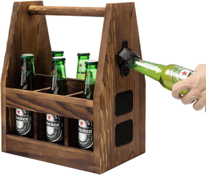 Porte-bière rustique en bois brun foncé brûlé avec ouvre-bouteille en fonte et porte-vin magnétique - Product Image 1