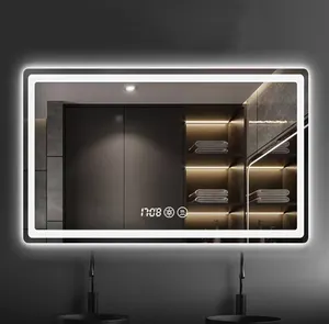 ขายส่งการตกแต่งที่หรูหราโรงแรมอเนกประสงค์โต๊ะหน้ากระจกอัจฉริยะพร้อมไฟ LED กระจกห้องน้ํา Frameless