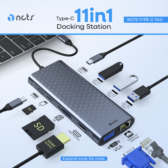 USB-C 11-in-1 Docking Station Triple Display 4K VGA DP USB 3.0 Gigabit Ethernet RJ45 100W PD SD/TF Card Reader