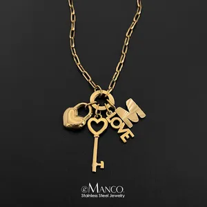 Collana a catena in acciaio inossidabile eManco, stile romantico minimalista con ciondoli a forma di cuore con scritta LOVE, chiave e lucchetto, gioielli fai da te. - Product Image 5