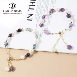 JD Fashion Adjusta ble Crystal Healing Unregelmäßiger Stein Energie Natürliche Amethyste Süßwasser Perle Perle Braid Chain Armband