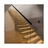 Escalier flottant moderne, balustrade en verre sans cadre, marches en bois massif, éclairage LED, taille personnalisée, livraison directe d'usine