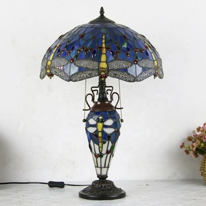 LongHuiJing 16Inch Yellow Dragonfly Stained Glass Lampshade Desk Light Tiffany Style <b>Table</b> <b>Lamp</b> With Lighted <b>Base</b> - Product Image 5