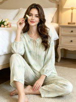 Pyjama décontracté en fibre de bambou pour femme, taille élastique, haut à manches longues et pantalon fin, imprimé floral, col pull, respirant, printemps/automne