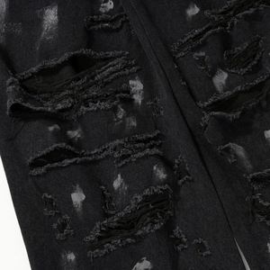 กางเกงยีนส์ขาตรงทรงสลิมฟิตไฮสตรีทอินสตาแกรมสำหรับผู้หญิงมีรูเข่าขากว้างลายหนวดแมวดีไซน์กราฟฟิตี - Product Image 5