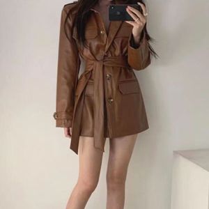 Manteau <span class=keywords><strong>trench</strong></span> en similicuir PU pour femme, ceinturé, col pointu, poches à rabat, manches longues, style urbain - Product Image 3