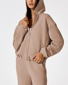 ODM OEM personnalisé vente en gros de haute qualité sweat à capuche zippé ample deux pièces ensemble couleur unie classique mode loisirs vêtements pour femmes - Product Image 4