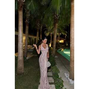 Robe de soirée longue JOLIE pour femme, couleur poudre, style fête, avec appliques de sequins, en polyester tissé et mousseline, coupe Empire, taille XL - Product Image 2