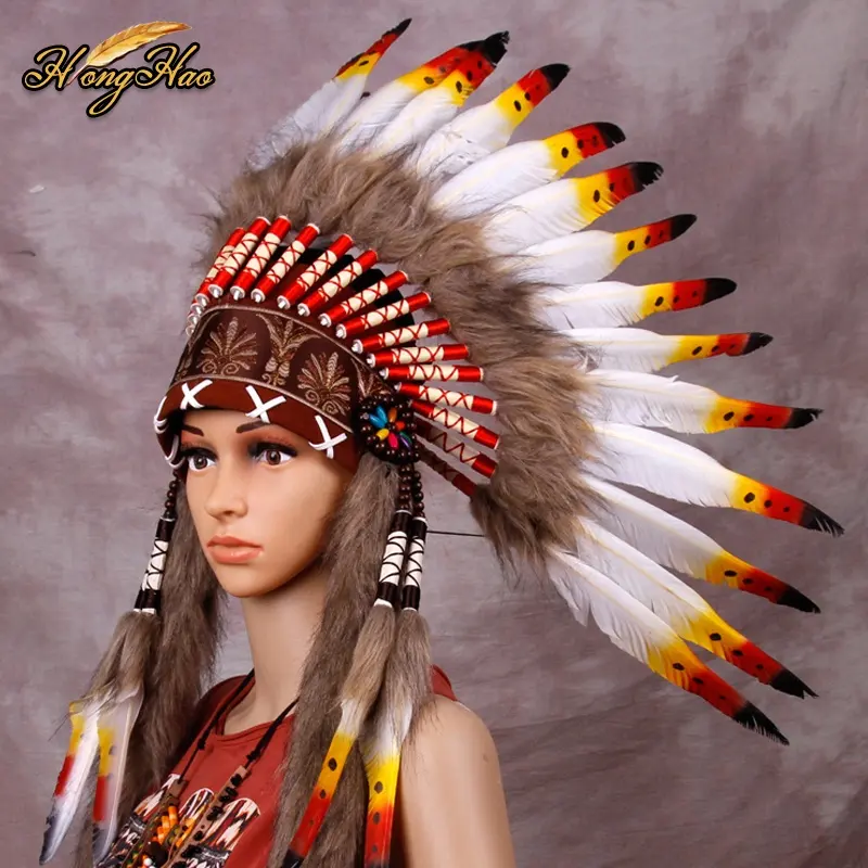 Handmade Customized Long Indian Feather Headdress Red Black Colorful War Bonnet Hat Costumes Dye-Patterned Custom Feather Outfit