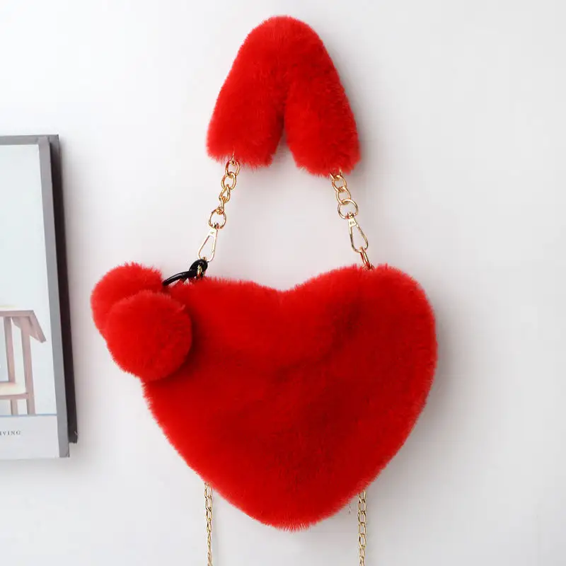 Fashion Winter Plush Chain Shoulder Bags Multicolor Faux Fur Heart Shape Purse Handbags For Woman