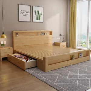 Kasur Kayu Desain Ganda, Tempat Tidur Platform Ukuran King Size Modern dengan Kotak