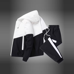 Custom Factory High Quality <b>White</b> Black Color Block Hooded Windbreaker Track Jacket And <b>Jogger</b> Pants Set <b>Mens</b> Tracksuits - Product Image 2