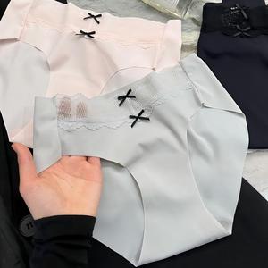 Braguitas de seda helada sin costuras para mujer, con detalle de lazo, de cintura media, de encaje, transpirables, para uso diario, al por mayor - Product Image 4