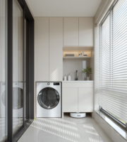 Meuble de rangement moderne pour lave-linge de balcon avec accès pratique à la machine à laver