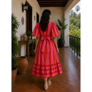 Robe maxi en coton à rayures <span class=keywords><strong>Sunberry</strong></span> pour femmes |   Robe évasée à rayures roses imprimées à la main avec ceinture ajustable et poches - Product Image 5