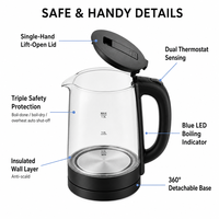 Bouilloire électrique sans fil en verre 1,7 L 2200 W avec protection contre l'ébullition à sec, base détachable à 360°, arrêt automatique, pour hôtel et usage extérieur