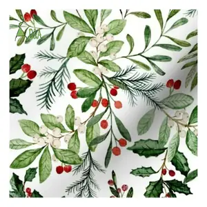 Holly Christmas White Floral Winter Holiday Printed Fabric 100% Cotton Fabric For Garment