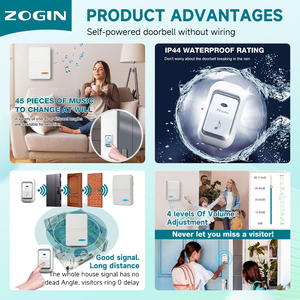 Sonnette de magasin de café d'appartement Durable <span class=keywords><strong>Portable</strong></span> avec bouton poussoir alimenté par batterie 45 sonneries cloche de porte sans fil - Product Image 2