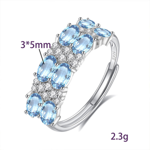 Anillo Ajustable de Doble Capa con Topacio Azul Ovalado de Alta Gama de 3*5 mm, Piedras Naturales, Plata 925, Antideslustre, para Boda - Product Image 6