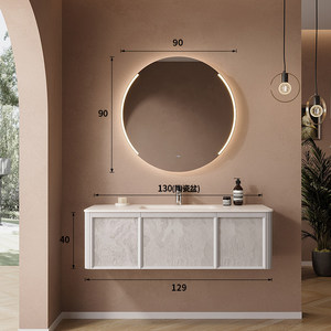 French-style Luxury Stone Slab Hot-Curved Ceramic Integrated Basin Smart <b>Round</b> <b>Mirror</b> <b>Bathroom</b> Cabinet - Product Image 6