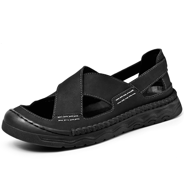 Men's Sandals Outdoor Walking Hiking Beach Shoes Sport Leather Slip on Low-top Summer Breathable Handmade Covered Toe Closed Toe