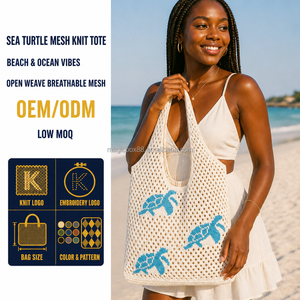 <span class=keywords><strong>Borsa</strong></span> tote in maglia a rete con motivo tartaruga marina, blu ciano, <span class=keywords><strong>motivi</strong></span> lavorati a maglia, colore avorio, <span class=keywords><strong>tracolla</strong></span> piatta, shopper da spiaggia e resort, personalizzabile con logo, MOQ basso - Product Image 1