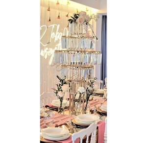 HY Luxury Metal Crystal Acrylic Pendant Event <strong>Party</strong> Decor <strong>Props</strong> Tall Gold Vases Flower Stand Backdrop Stand Candelabra - Product Image 2