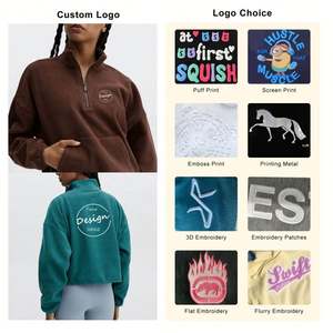 Conjunto de Top corto de gran tamaño con logotipo personalizado, Sudadera con capucha para mujer con media cremallera y hombros caídos, Sudadera corta con Bordado de lana Polar - Product Image 3