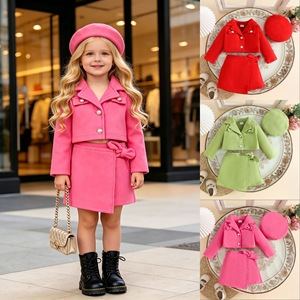 Ensemble trois pièces pour filles de 0 à 5 <span class=keywords><strong>ans</strong></span>, automne/hiver, veste décontractée en tissu peigné uni à revers + jupe + béret - Product Image 2