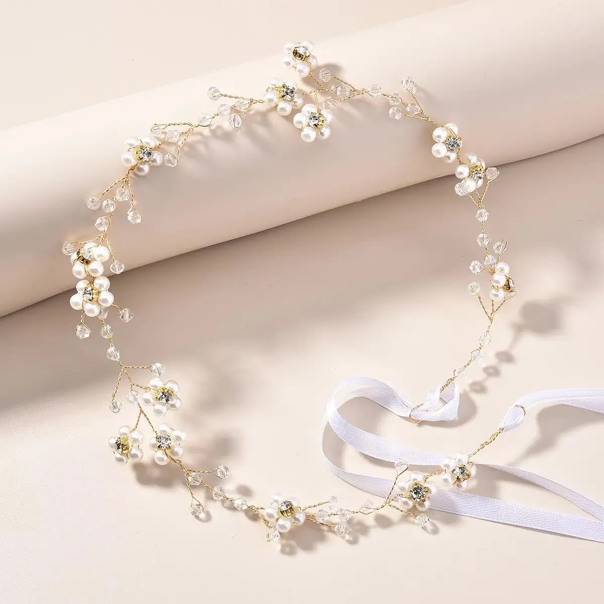 Women pearl flower head tiara white pearl leaf wedding headband bridal hair accessories