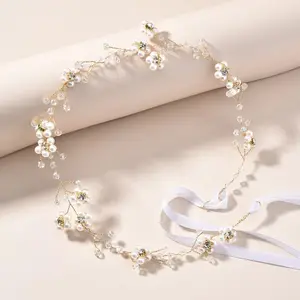 Women Pearl Flower Head Tiara White Pearl Leaf Wedding Headband Bridal Hair Accessories