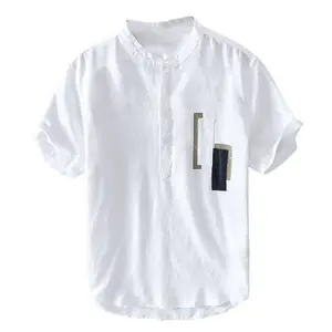 Summer Beach Custom Print Stand Collar Casual Blouse Shirt Half Button White Hemp Shirts Dress