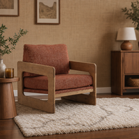 Fauteuil lounge en lin terre cuite, style mid-century, avec cadre en bois en forme de traîneau et dossier incurvé pour salon, personnalisable OEM ODM