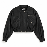 Blouson court pour femme en peau de mouton véritable noir obsidienne, fermeture éclair, col rond, écologique, anti-rides, automne