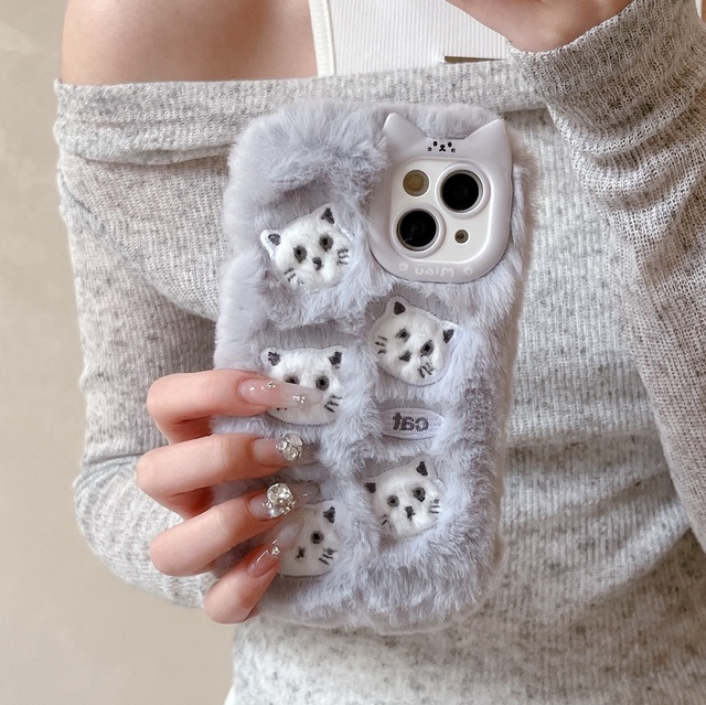 New Plush Fluffy Embroidered Cat for iPhone 15 Pro Max Couple 14 13 Full Protection 16 Pro Max Silicone Cover 12 Soft Case 11