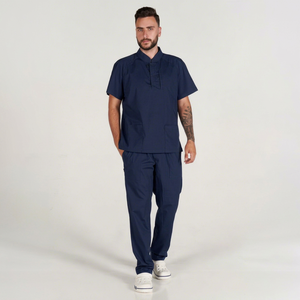 Veste en polaire à col mandarin bleu marine à manches courtes, poches plaquées, style minimaliste, respirante, couleur contrastée, tricotée en polyester - Product Image 1