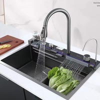Mélangeur numérique à cascade intelligente Bol unique Fly Rain Multifonctionnel Cuisine Noir Soudage Évier carré Nano Acier inoxydable Moderne
