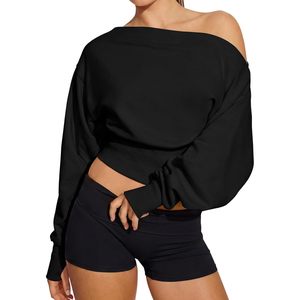 Custom Womens Off Shoulder Sweatshirt <b>Crop</b> <b>Top</b> Oversized <b>Long</b> <b>Sleeve</b> Workout Shirt Cinched Waist Breathable Knitted Fabric - Product Image 1