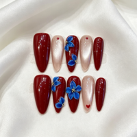 Desain Kuku Almond Merah Elegan Cat Eye 3D Bunga Kuku Tempel ABS Buatan Tangan 10 Pcs Kuku Almond Panjang Motif Bunga untuk Wanita